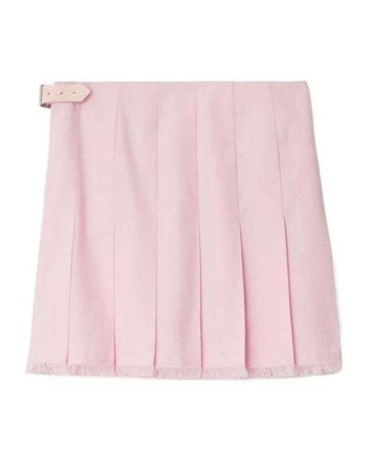 Burberry Pink Buckle-Fastened Frayed-Hem Pleated Kilt