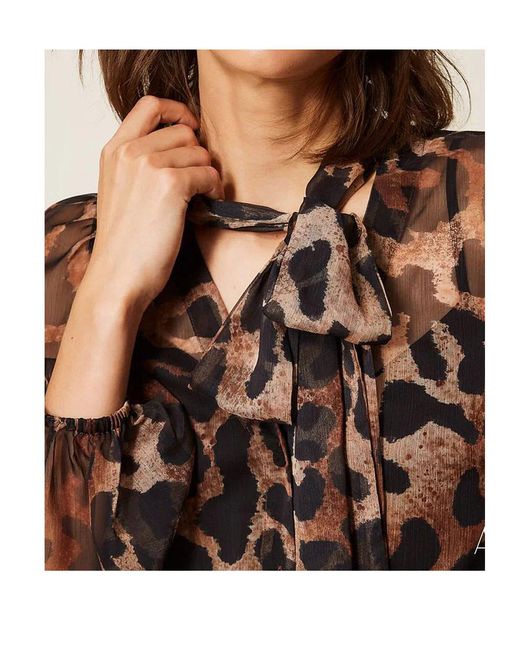 Twinset Brown Animal-Print Sheer Shirt