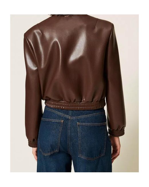 Twinset Brown Faux Leather Bomber Jacket With Pockets