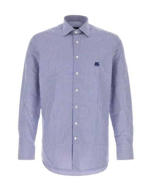 Etro Blue Vertical-Stripe Logo-Embroidered Shirt for men