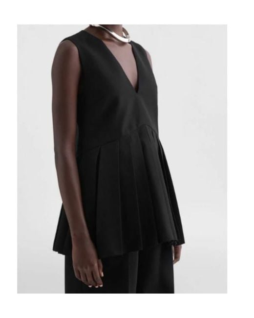 Jil Sander Black Gabardine Pleated Top