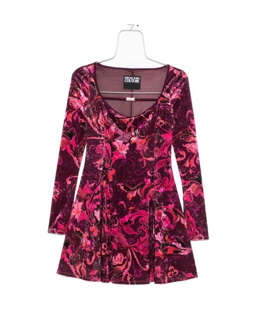 Versace Jeans Red Couture Logo Plaque Velvet Mini Dress