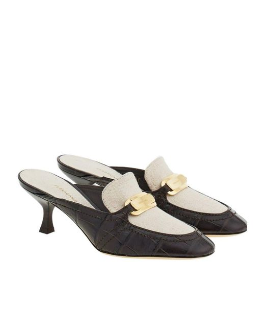 Ferragamo White Crocodile-Effect Mules