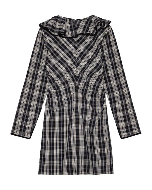 Ganni Black Checkered Cotton Ruffle V-Neck Mini Dress
