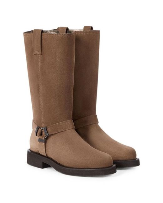 Brunello Cucinelli Brown Suede Biker Boots With Shiny Loops