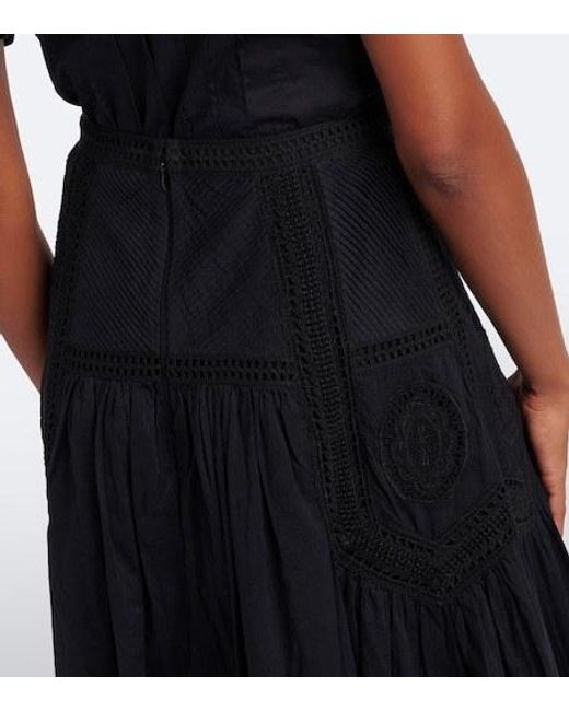 Ulla Johnson Black Alice Embroidered Tiered Cotton Midi Skirt