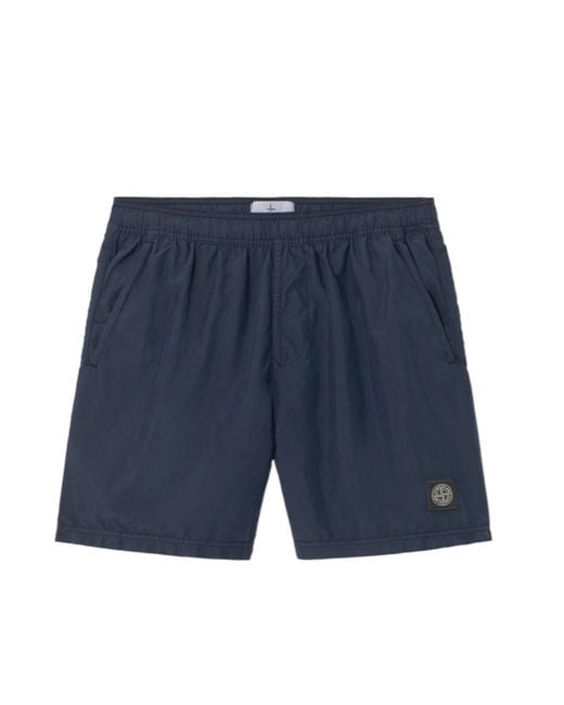 Stone Island Blue Logo Patch Mid-Length Swim Trunks for men
