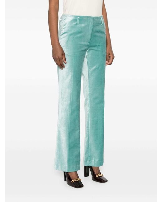 Forte_forte Green Cotton Viscose Stretch Velvet Trumpet Shaped Pants