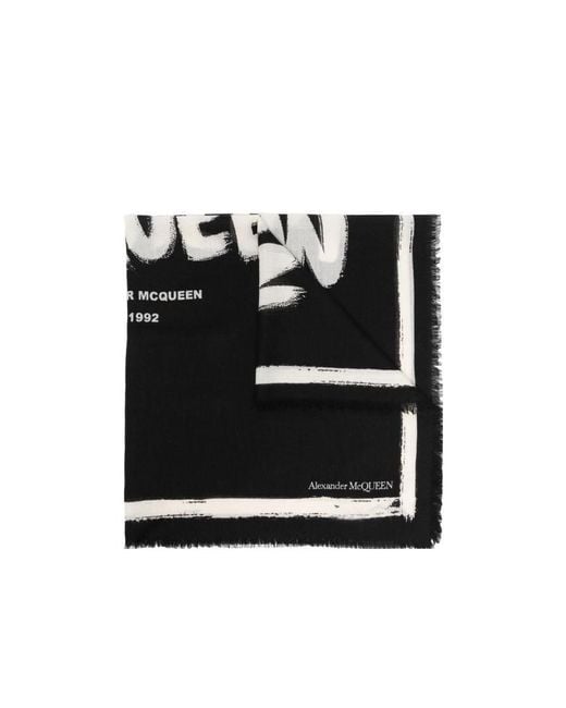 McQueen Black Graffiti-Printed Frayed Edge Scarf