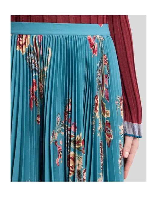 Etro Blue Pleated Floral-Print Midi Skirt