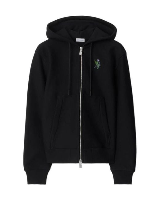 Burberry Black Logo Embroidered Zip-Up Hoodie