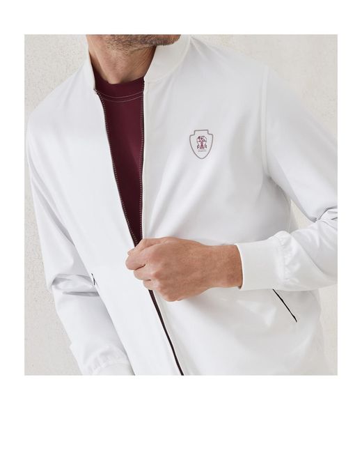 Brunello Cucinelli White Logo Printed Zipped Sweatshirt for men