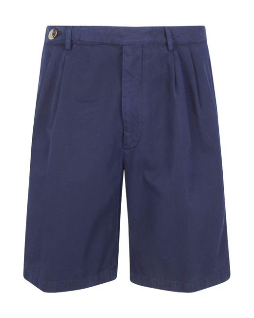 Brunello Cucinelli Blue Pleated Cotton Shorts for men