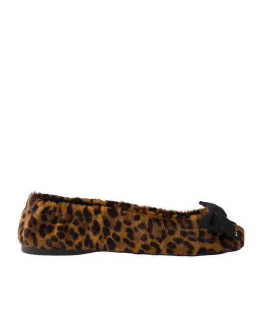 Prada Brown Printed Leather Ballerinas With Bow