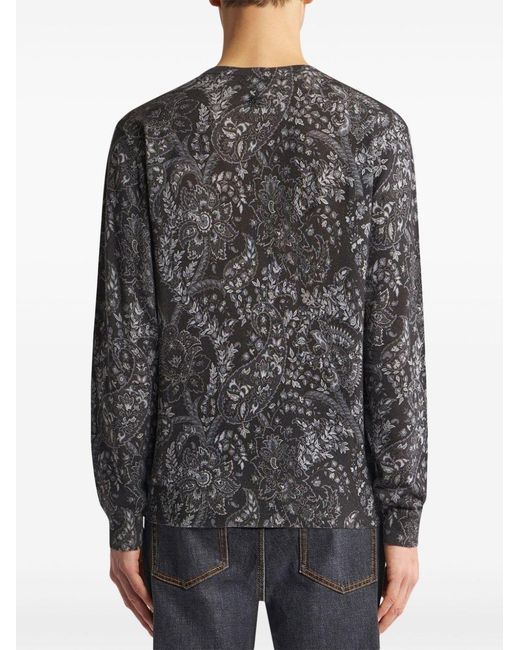 Etro Gray Paisley Intarsia-Knitted Long-Sleeved Jumper for men