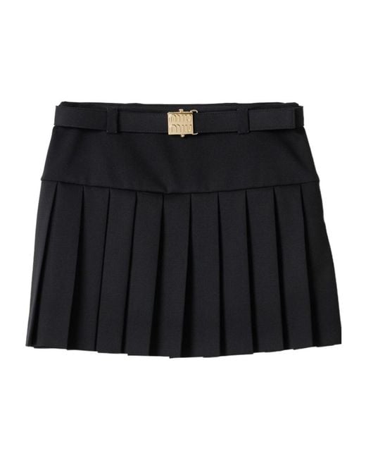 Miu Miu Belted Pleated Mini Skirt in Black | Lyst