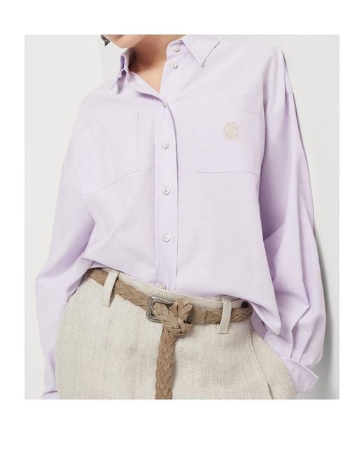 Brunello Cucinelli White Logo Embroidered Oxford Shirt