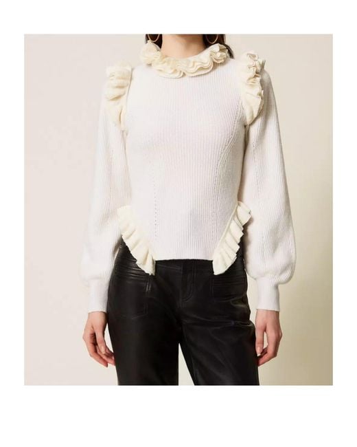 Twinset White Ruffled-Trim Jumper