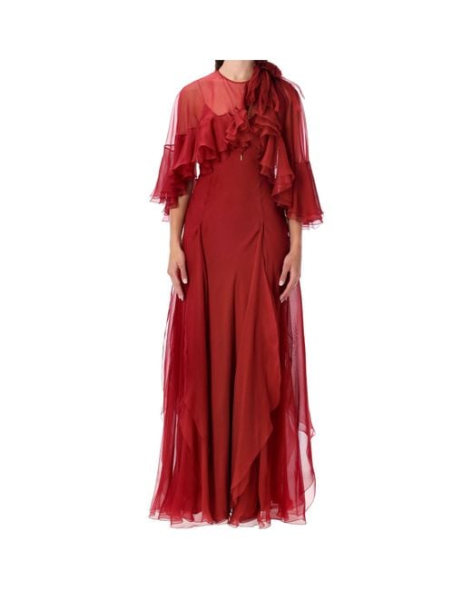 Alberta Ferretti Red Ruffled Crewneck Chiffon Gown