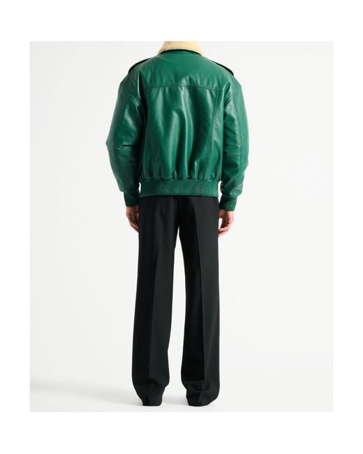 Balmain Green Shearling Leather Bomber Jacket for men