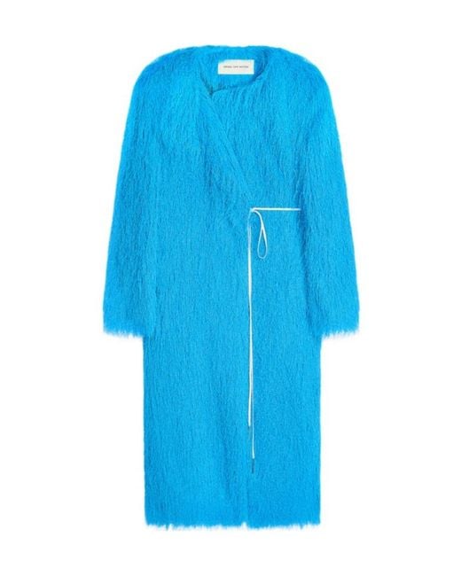 Dries Van Noten Blue Fringed V-Neck Coat