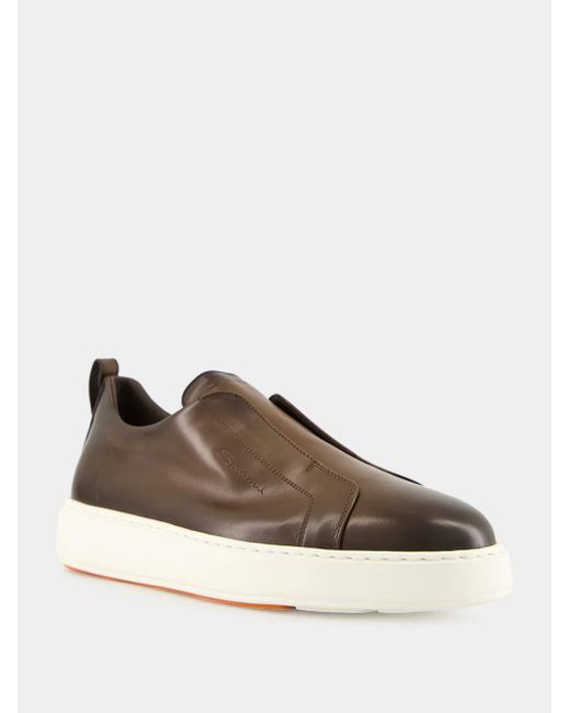 Santoni Brown Round Toe Slip-On Sneakers for men