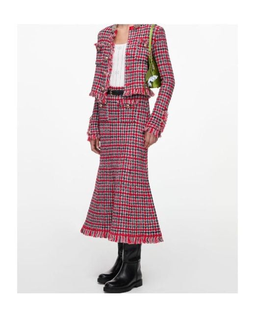 Self-Portrait Red Check Frayed Knit Midi Skirt