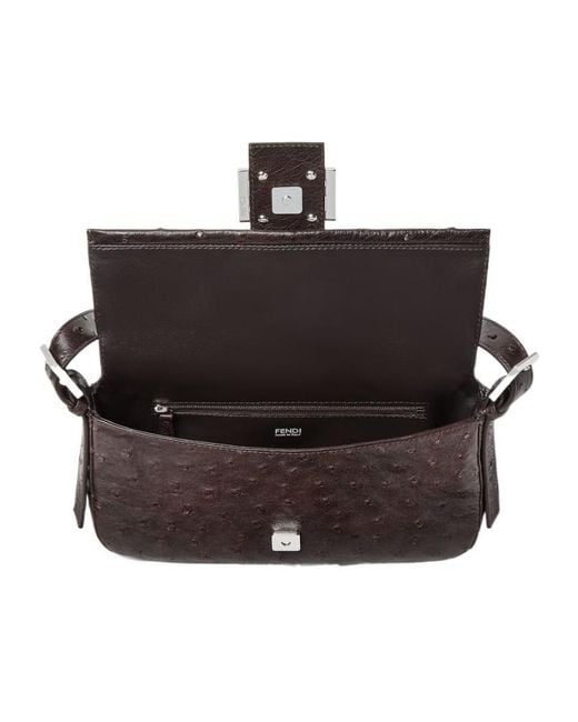 Fendi Black Baguette 26424 Dark Ostrich Leather Bag