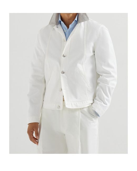 Brunello Cucinelli White Buttoned Denim Jacket for men