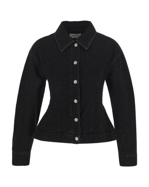 McQueen Black Button Up Peplum Denim Jacket