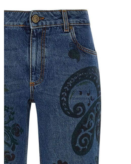 Etro Blue Flared Jeans With Flower And Bee Print