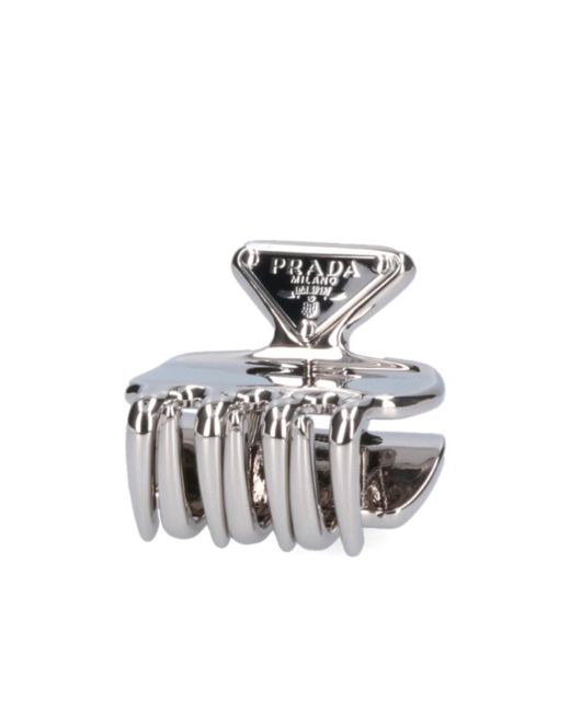 Prada Silver Metal Hair Claw Clip with Black Logo Triangle 23605515~silver_0.jpg main image 4
