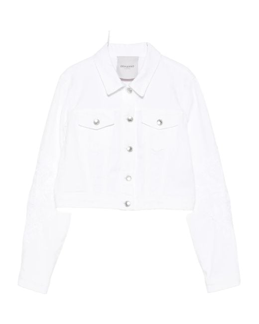 ERMANNO FIRENZE White Embroidered Cropped Denim Jacket