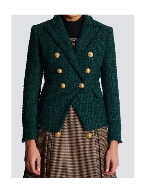 Balmain Green Double Breasted Tweed Jacket
