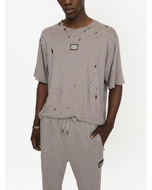 Dolce & Gabbana Gray Distressed Logo-Plaque T-Shirt for men