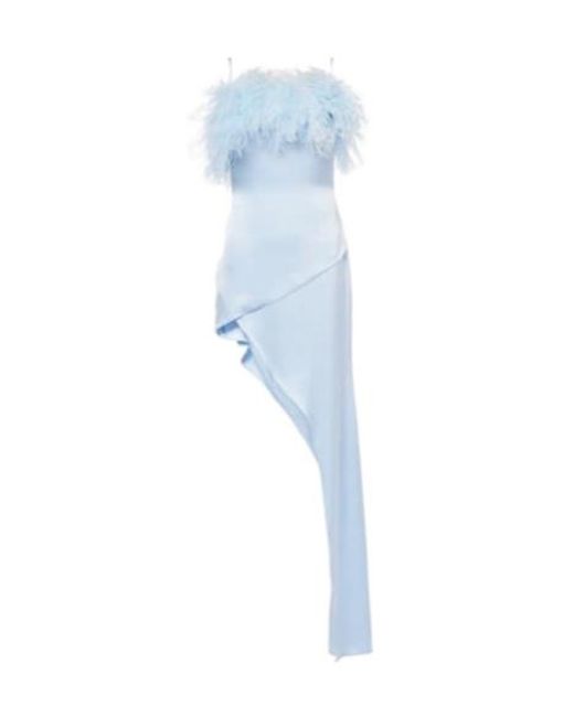 David Koma Blue Feather-Trimmed Satin Cocktail Dress