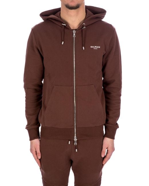 Balmain Brown Zipped Logo Printed Hoodie for men