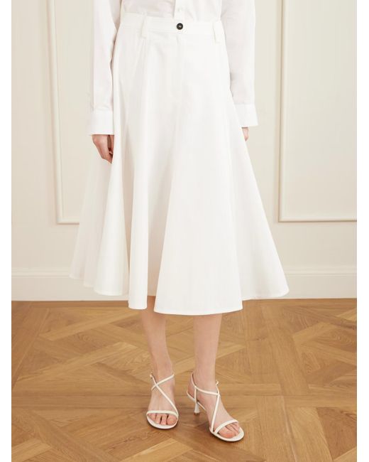 Brunello Cucinelli White Cotton-Blend Twill Midi Skirt