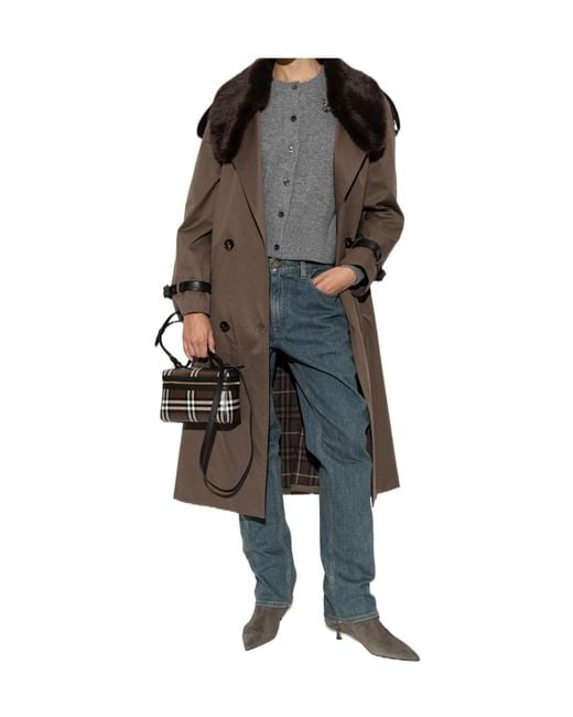 Burberry Brown Long Cotton Trench Coat With Buffalo Leather Collar
