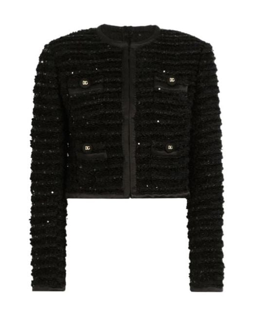 Dolce & Gabbana Black Sequin Embellished Single-Breasted Tweed Jacket