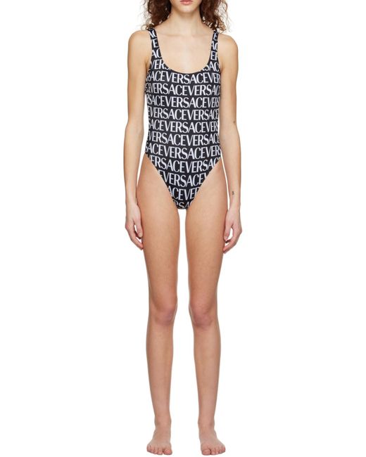 Versace Black Allover Logo Printed Low-Back Swimsuit