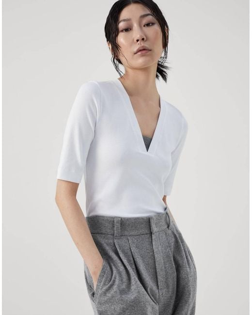 Brunello Cucinelli White Monili Chain-Embellished V-Neck T-Shirt