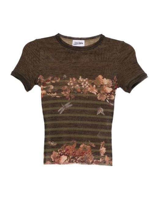 Jean Paul Gaultier Brown Fitted Multicolour Silk And Nylon Top With Nature-Inspired Print