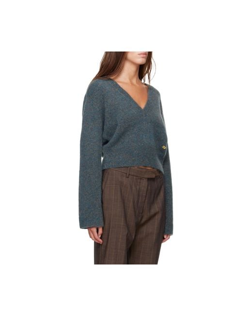 Ganni Blue Ribbed V-Neck Knitted Sweater