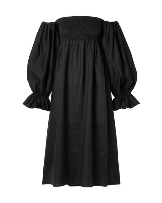 Sleeper Black Shoulder Shirred Linen Midi Dress