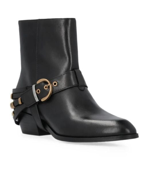 Pinko Black Buckle-Detail Leather Ankle Boots
