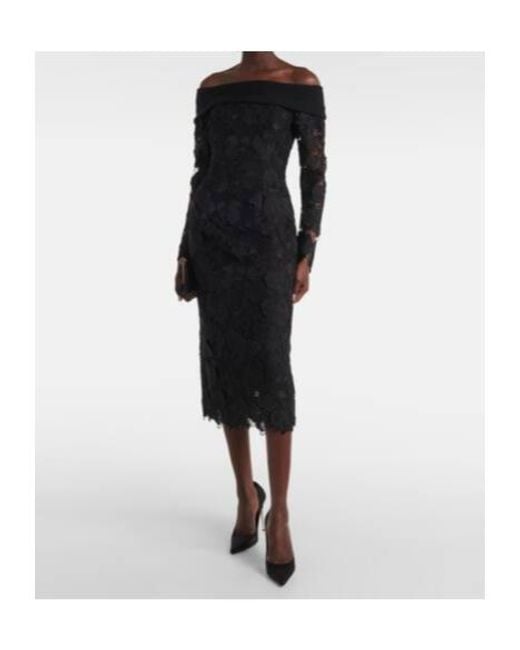Oscar de la Renta Black Orchid Floral Guipure Midi Dress