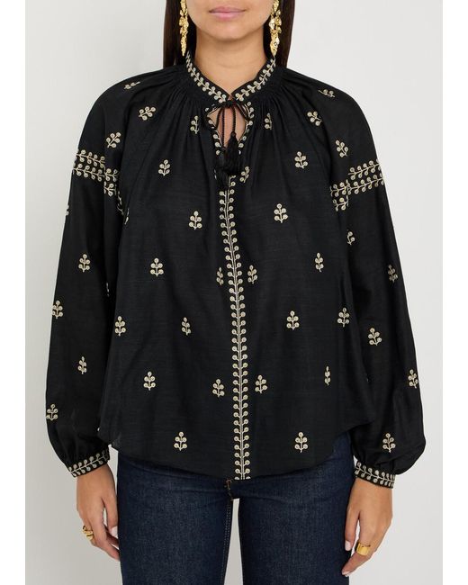 Isabel Marant Black Rodis Floral-Embroidered Silk Blouse