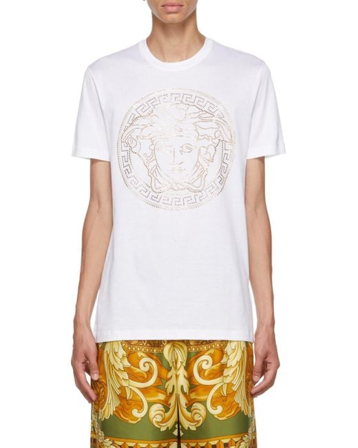 Versace White Embellished Crewneck T-Shirt for men
