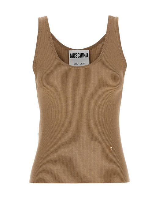 Moschino Brown Logo Plaque Ribbed-Knit Tank Top